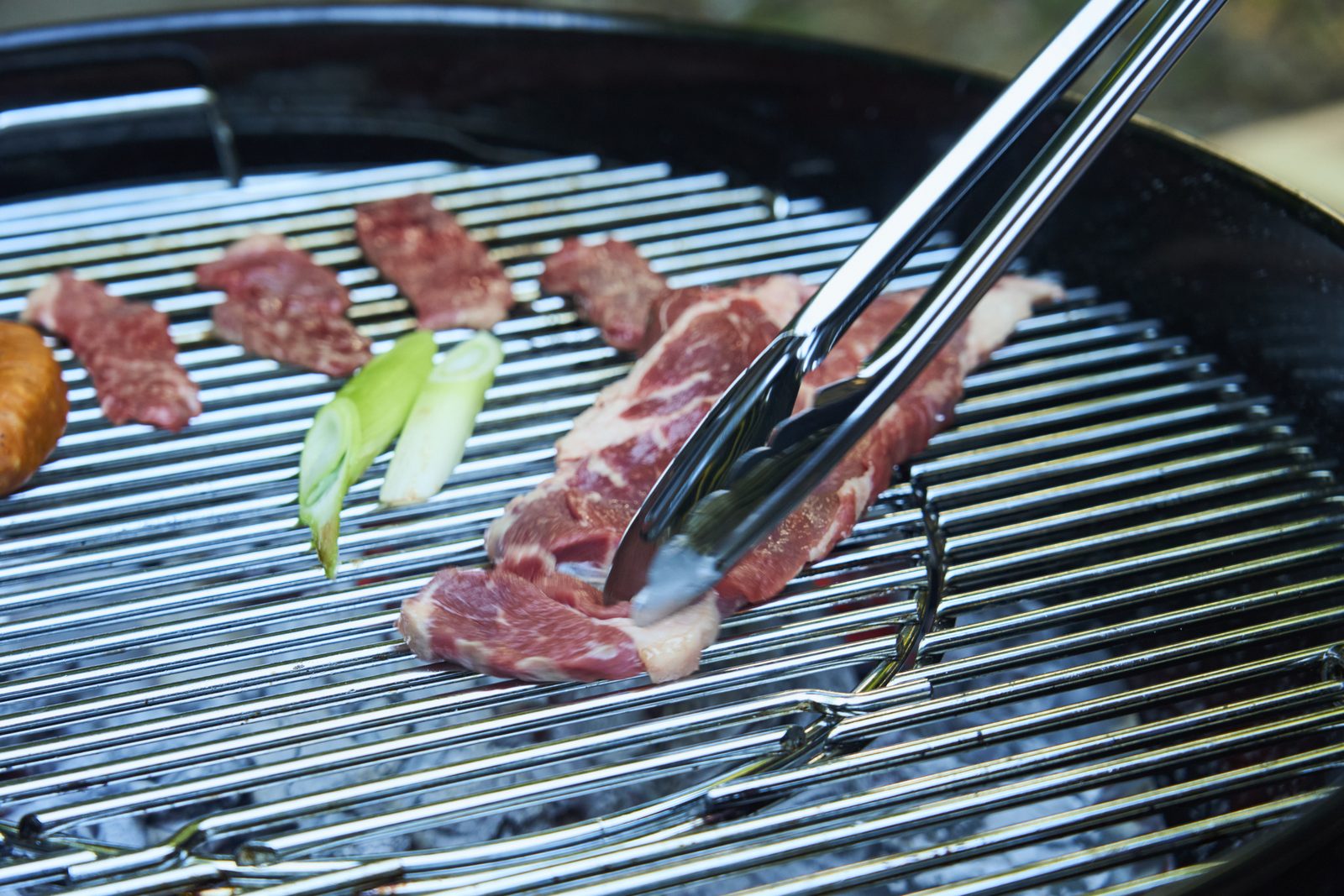 炭火の網で焼く肉と野菜