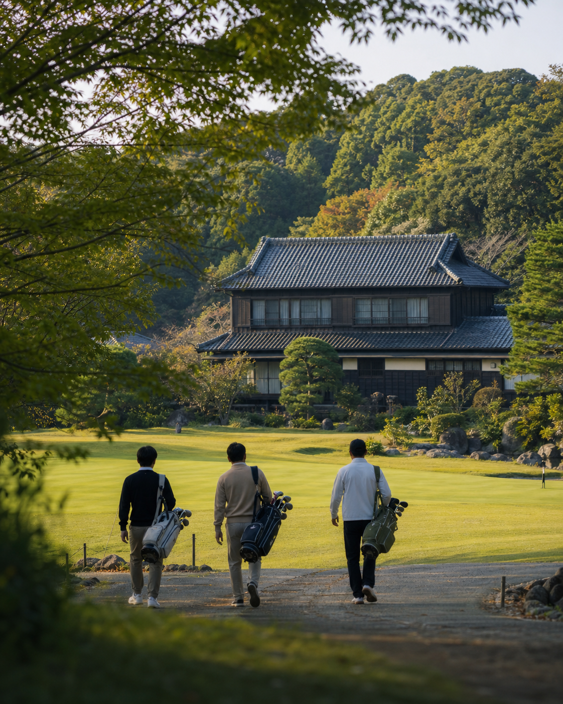 ゴルフのラウンド後に古民家へ向かう宿泊者